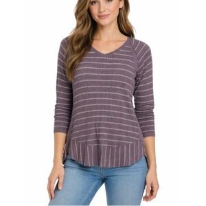 Sonoma Women's Purple‎ White Striped V Neck Waffle Knit Long Sleeve Top Size M